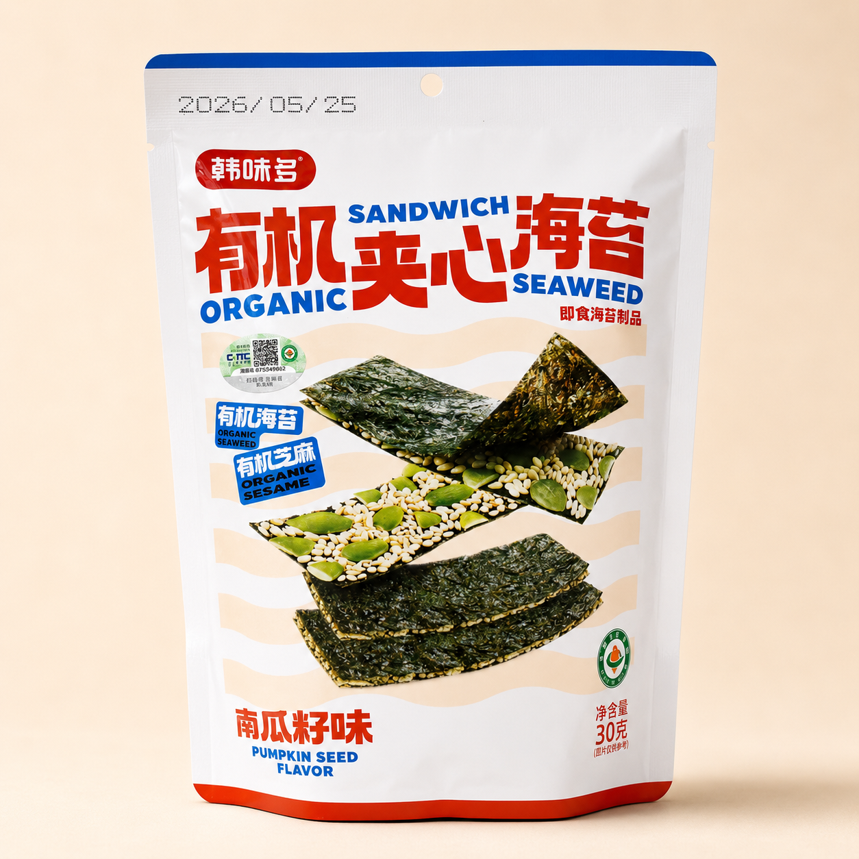 Hanweiduo Organic Sandwich Seaweed - Sesame Flavour 30g韩味多有机夹心海苔芝麻味