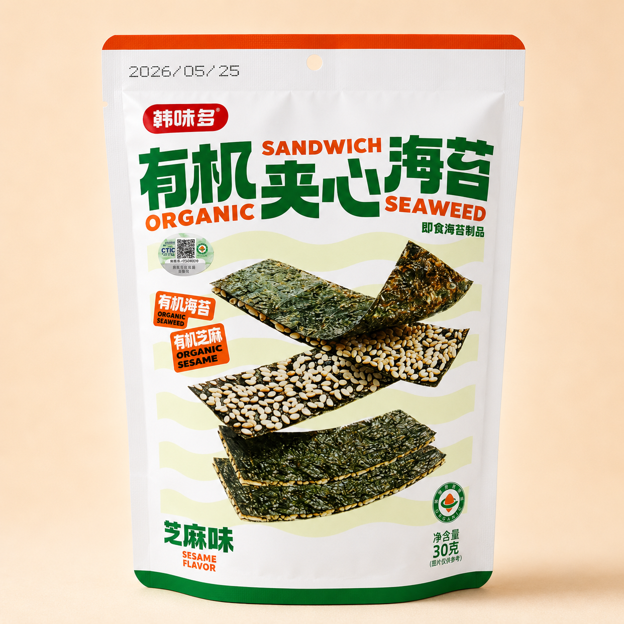 Hanweiduo Organic Sandwich Seaweed - Sesame Flavour 30g韩味多有机夹心海苔芝麻味
