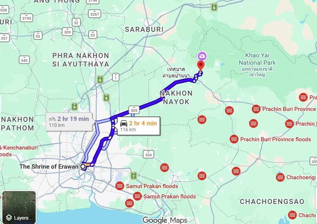Map from Erawan Shrine in Bangkok to Nakhon Nayok showing an approximately 116-kilometre route